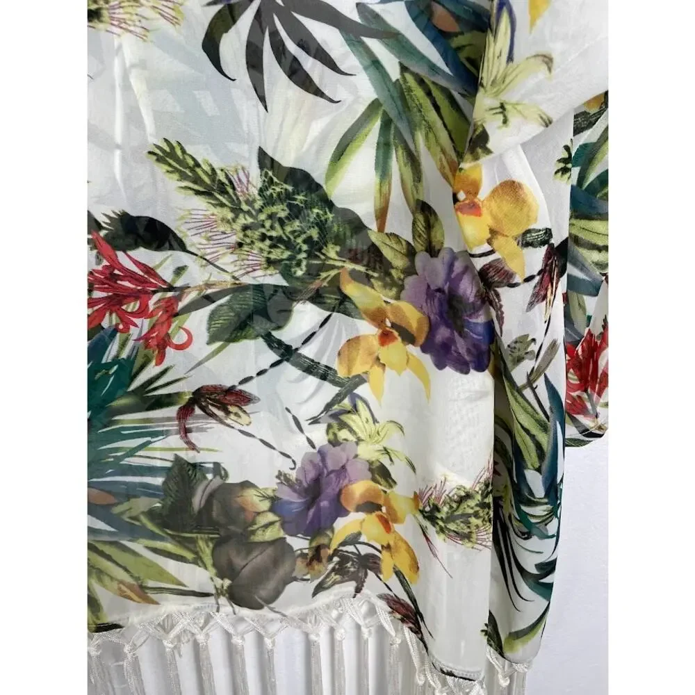 Swimsuit Coverup Tropical Floral Beach Kimono Womens Small Open Over Sized Top